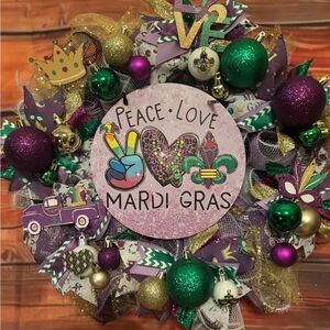 Mardi Gras love peace and mard gras front door wreath carefully wreath